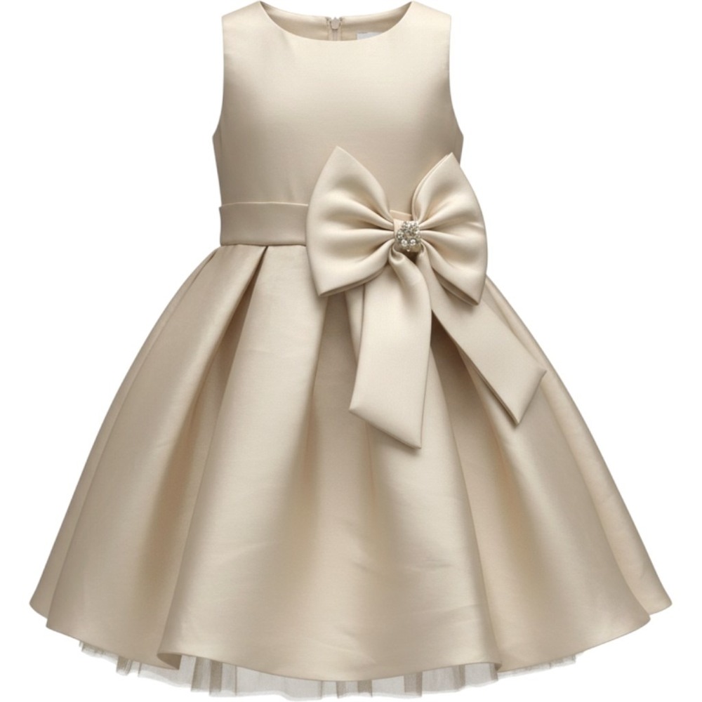 Rare Editions Girls Champagne Gold Satin Bow Formal Party Dress Size 5 E750525